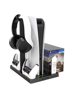 Compatible with PS5 Vertical Stand with Controller Charging Station Suction Cooling Fan Dual Controller Charger Station PS5 Gaming Accessories for PS5 Console with Headset Holder