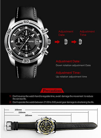 SKMEI Men Sports Quartz Waterproof Wristwatch Outdoor Luxury Black Leather Chronograph Watch 9156