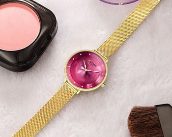 Curren 9029 Original Brand Mesh Band Wrist Watch For Women / Gold / Purple Dial