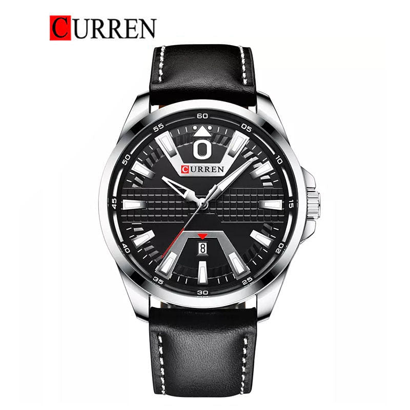 CURREN 8379 Water-resistant Round Men's Leather Strap Quartz Watch Simple Fashion Calendar -Black/Silver