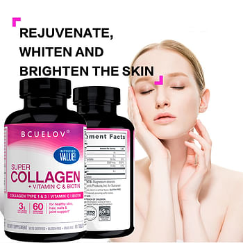 Super Collagen with Vitamin C & Biotin - For Reducing Skin Wrinkles, Enhancing Skin Whitening, Healthy Hair and Nails - 60 Capsules