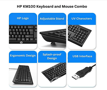 HP KM100 Wired Keyboard and Mouse Combo, Waterproof Ergonomic USB Wired Keyboard and Mouse for Computer, Laptop, Desktop