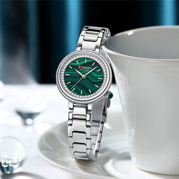 Curren 9089 Original Brand Stainless Steel Band Wrist Watch For Women / Silver Green Dial