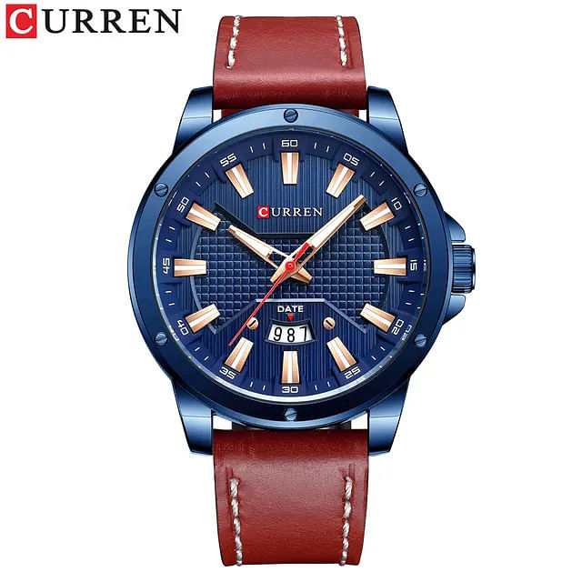 CURREN 8376 Watch Man Leather Quartz Wristwatches Top Brand Luxury New Watches Luminous hands - Brown And Blue