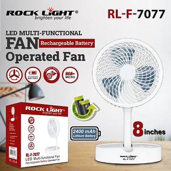 روك لايت LED مروحة متعددة الوظائف RL-F-7077، مروحة محمولة تعمل بالبطارية قابلة للشحن مع ضوء LED، بطارية ليثيوم 2400 مللي أمبير، شحن USB صغير