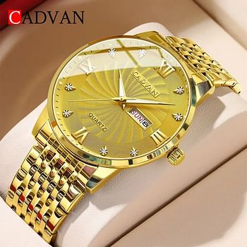 CADVAN Golden Luxury Stainless Steel Date Clock Men's Watch | Man Quartz Casual Wrist Watch