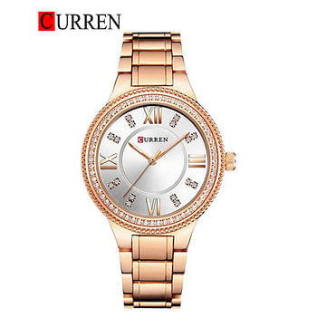 Curren 9004 Original Brand Stainless Steel Band Wrist Watch For Women / Rose Gold And White Dial