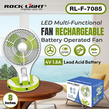 Rock Light LED Multi-Functional Fan RL-F-7085, Rechargeable Battery-Operated Portable Fan with LED Light, 4V 1.8A Lead Acid Battery, USB Micro Charging