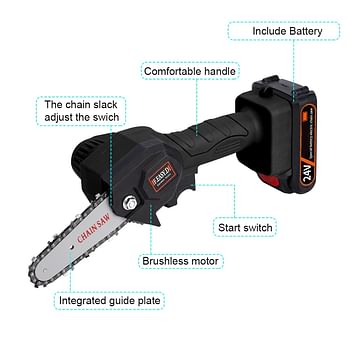 Portable Electric Handheld Pruning Wood Work Mini Cordless Chainsaw for Branch Wood Cutting Garden Tree Logging Trimming Black