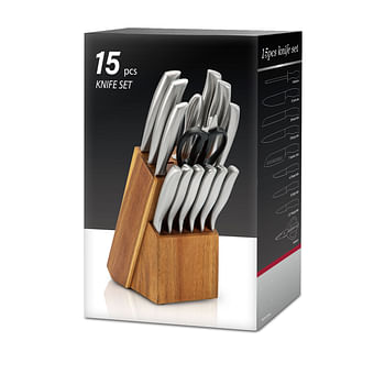 15-piece Stainless Steel Knife Set with a Wooden Stand | Super Sharp Slicer | Kitchen Knife Set for Home| Knife Set with Stand | Knife Set | Chef Knife Professional | Kitchen Knives|Knife Sharpener