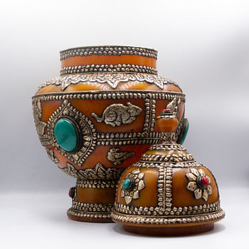 Antique Amber Pot with Silver Carving, Rubies Gemstone and Turquoise Crystal Handcrafted in Nepal