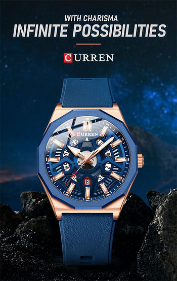 Curren 8437 Original Brand Rubber Straps Wrist Watch For Men - Blue and RoseGold