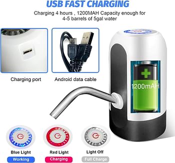 5 Gallon Water Bottle Pump, USB Charging Portable Electric Water Pump for for for 2-5 Gallon Jugs USB Charging Portable Water Dispenser for Office, Home, Camping, Kitchen and etc. White