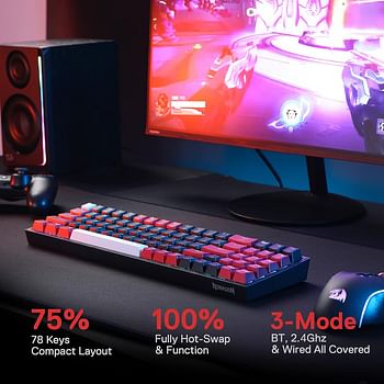 .ريدراجون K628 لوحة مفاتيح ألعاب RGB لاسلكية PRO 75% ثلاثية الأوضاع، 78 مفتاحًا لوحة مفاتيح ميكانيكية مدمجة قابلة للتبديل السريع مع مقبس ثنائي الفينيل متعدد الكلور قابل للتبديل السريع، ومفاتيح أسهم مخصصة ومكبر صوت لوحة رقمية، مفتاح أحمر