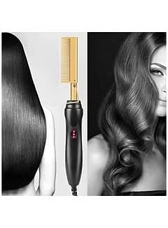 Hot Comb Hair Straightener, 2 in1 Ceramic Comb Security Portable Curling Iron Heated Brush, Multifunctional Copper Hair Straightener Brush Straightening Comb for Wet and Dry Hair Wigs Women Men Brush