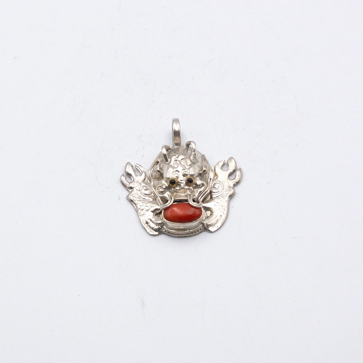 Antique Rare Find 925 Sterling Silver Dragon with Coral Pendant 5.9 grams