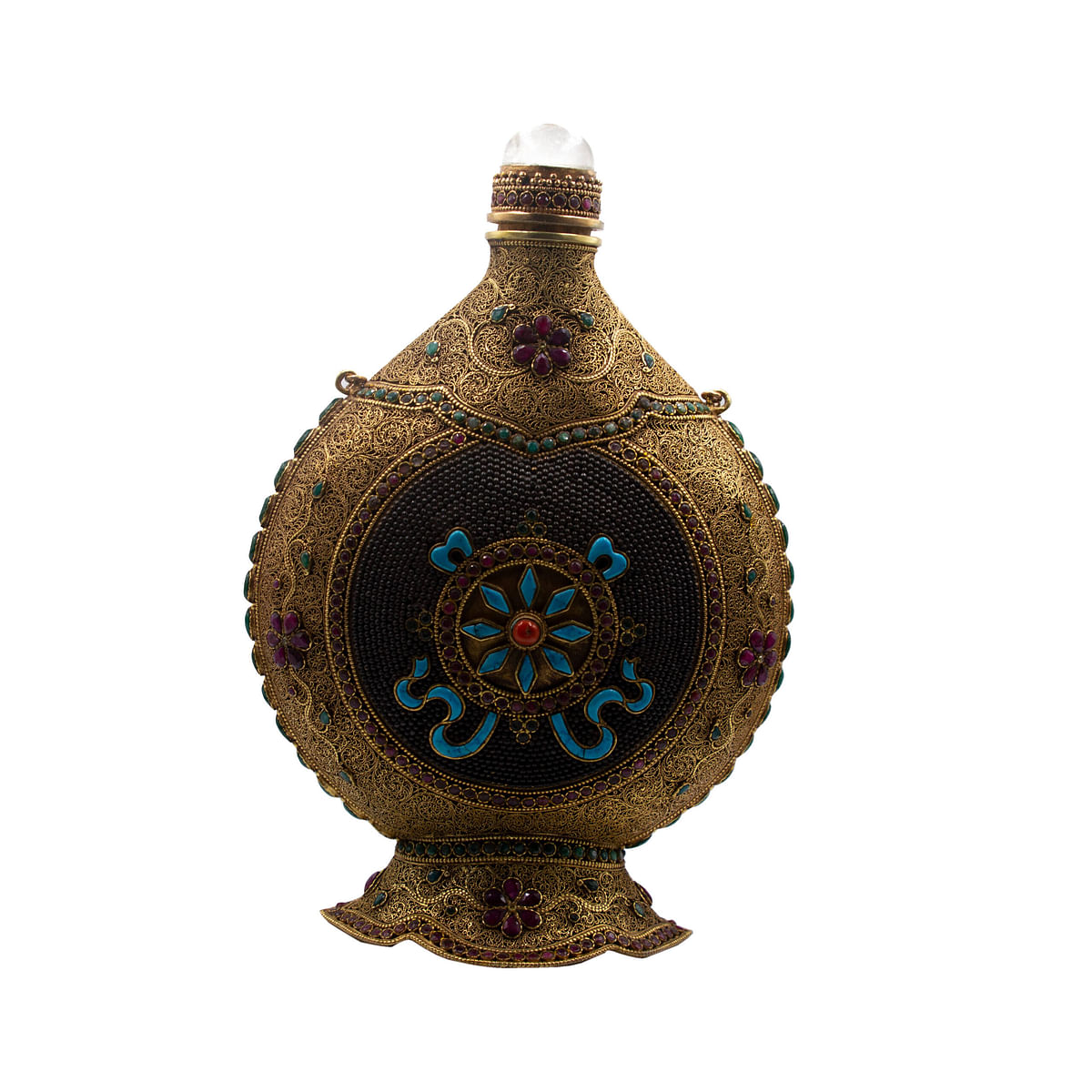 Antique Handcarved Crystal Filgree Bottle Pot Home Decoration Silver Plated Gold and Silver Plated Inlay with Crystal quartz, Rubies and Emeralds Gemstones, Turquoise Crystal Handcrafted in Nepal