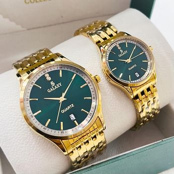 Galaxy 2353 Waterproof Quartz Analog Couple Watch Set / All Gold