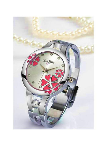 XinHua Women Stainless Steel Elegant Quartz Analog Wrist Watch Flower Design Bracelet -Silver-Pink