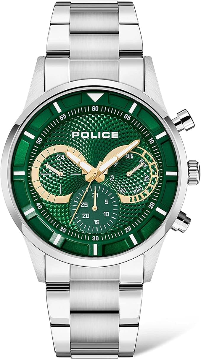 Police PEWJK2014301 Men's Analogue Quartz Watch with Stainless Steel Strap - Silver and Green Dial