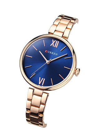 Curren 9017 Original Brand Stainless Steel Band Wrist Watch For Women / Rose Gold Blue DIal