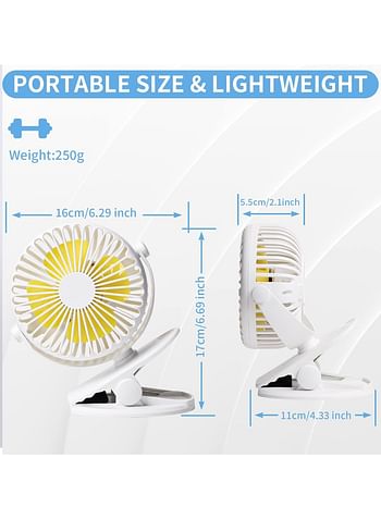 Portable Stroller Fan USB Clip On Fan Rechargeable, Desk Fan Clip Quiet Strong 3 Speed, 720° Rotate for Office Treadmill Camping Traveling - White