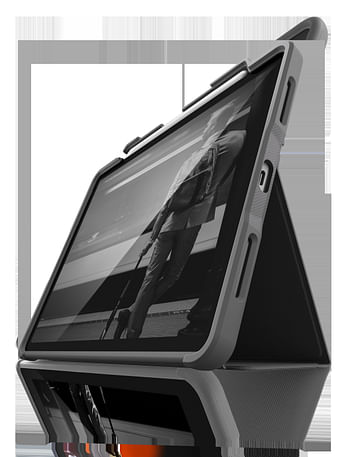 STM RUGGED CASE PLUS لجهاز iPad Pro 11 بوصة (الجيل الثاني / الأول) - غطاء قابل للطي وحامل مع ظهر شفاف شفاف ، حامل قلم Apple ، وظيفة إيقاظ تلقائية ، جراب حماية 360 وامتصاص الصدمات - أسود