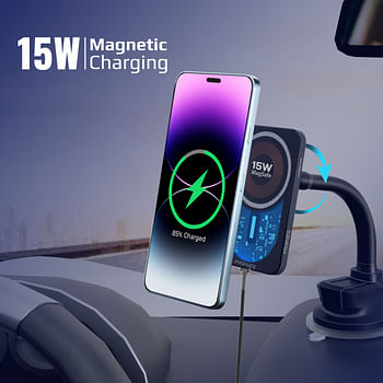 Promate Magnetic Wireless Car Charger, Ultra-Fast MagSafe Transparent Car Charger with 15W Output, AC Vent Holder, Gooseneck Mount, 360 Degree Rotation and Cradleless Design for iPhone 14/13, LucidMount-15