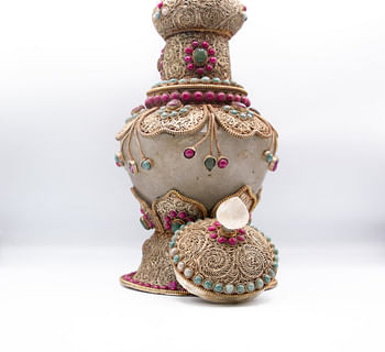 Antique Handcarved Crystal Filgree Flower Vase Home Decoration Silver Plated Inlay Jewelry Vase with Crystal quartz, Rubies and Emeralds Gemstones Handcrafted in Nepal