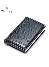 We Happy RFID Protection Leather Cover Ultra-Thin Aluminum Case Premium Credit Card Holder | Automatic Card Pop UP Wallet-eyu black
