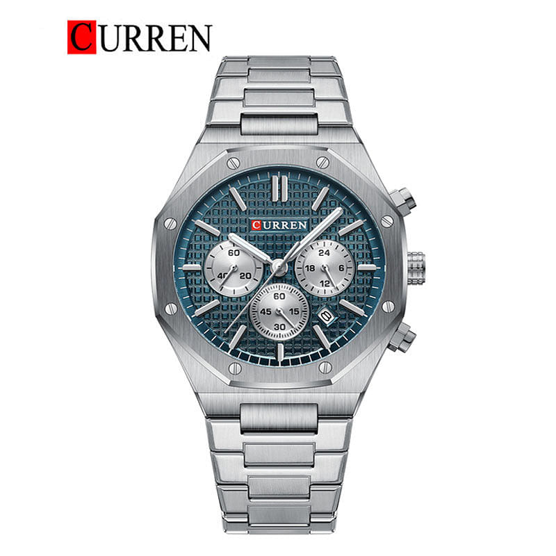 Curren 8440 Original Brand Stainless Steel Band Wrist Watch For Men Silver/Blue