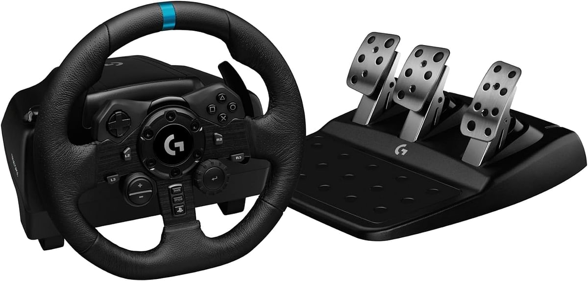 Logitech G923 Racing Wheel and Pedals, TRUEFORCE up to 1000 Hz Force Feedback, Responsive Driving Design, Dual Clutch Launch Control, Genuine Leather Wheel Cover, for PS5, PS4, PC, Mac - Black