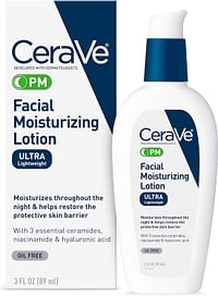 لوشن ترطيب الوجه CeraVe PM خفيف الوزن للغاية، 3 أونصة، 89 مل (عبوة من 1) يرطب طوال الليل