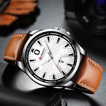 CURREN 8379 Water-resistant Round Men's Leather Strap Quartz Watch- Brown & White
