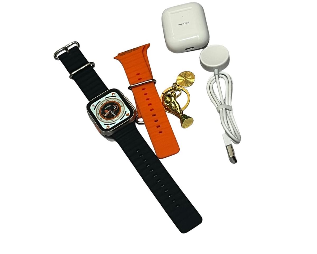 German Haino Teko Smart Watch GP-4 With Wireless Charger And 2 Ocean Band Strap + TWS Earphone + World Cup Key Chain Best Value Combo