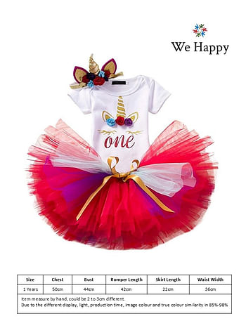 We Happy 4 Pieces 1st Birthday Baby Girl Costume Set, Newborn Princess ONE Printed Dress for Theme Party Photoshoot, Unicorn Bodysuit with Tutu Skirt, Cake Topper and Floral Headband - Red, 1 Year