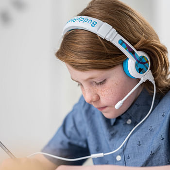 Budd yPhones - School Plus Kids Headphones - High Performance Beam Mic, Detachable BuddyCable for Sharing, Foldable & Cushioned Headband (Blue)