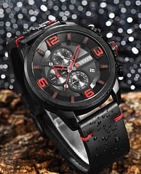 ساعة كورين 8288 أصلية بسوار جلدي للرجال أسود/أحمر
