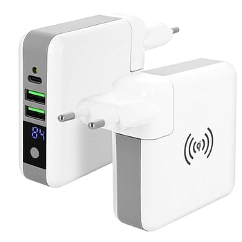 Travel Adapter Wall Charger 3-in-1 Powerbank And Qi Wireless Charging - White