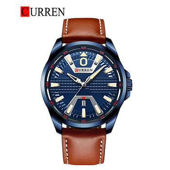 CURREN 8379 Water-resistant Round Men's Leather Strap Quartz Watch Simple Fashion Calendar - Deep Brown blue