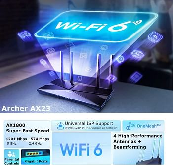 TP-Link Next-Gen Wi-Fi 6 AX1800 Mbps Gigabit Dual Band Wireless Router, OneMesh™ Supported, Dual-Core CPU, Ideal for Gaming Xbox/PS4/Steam, Plug and Play (Archer AX23)