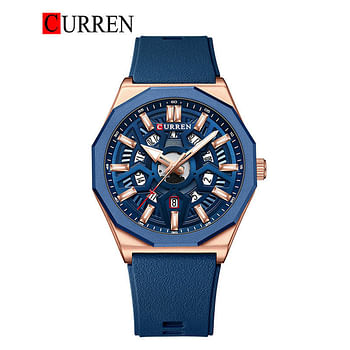 Curren 8437 Original Brand Rubber Straps Wrist Watch For Men - Blue and RoseGold