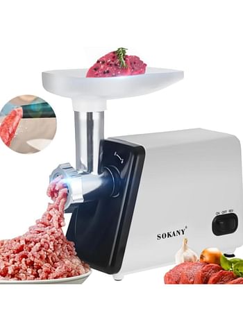 SOKANY Electric Meat Grinder 2500W Max Ultra Powerful 3 in 1 Multifunction Electric Meat Grinder Sausage Stuffer 1 Cutting Blade 3 Grinding Plates & Kubbe Attachment