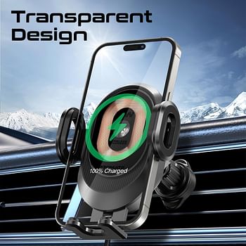 Promate Wireless 15W Qi Fast Car Charger, Auto-Clamping Air Vent and Dashboard Phone Holder with Large Coil, Flexible Gooseneck, Transparent Design, FOD Detection, and Multi-Angle Support,PowerMount-2