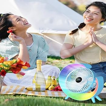 Multifunctional Colorful desktop small fan, portable floor mounted fan with light, USB charging personal fan, air circulation fan, 5-light, large capacity battery random color