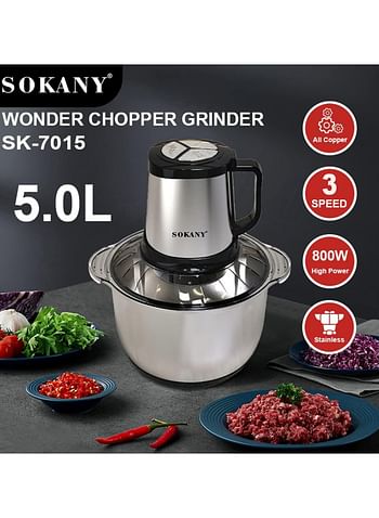 SOKANY Meat Grinder Electric Food Processor Onion Vegetable Garlic Chopper 4 Blades Stainless Steel Bowl (SK-7015, 800W, 5L)