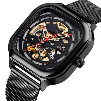 SKMEI 9184 Black Mesh Stainless Steel Automatic Mechanical Luxury  Watch For Men.