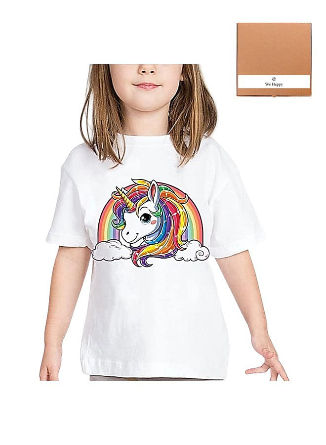 We Happy Unicorn Costume Theme T shirt for Kids Girls Rainbows Pattern Printed Party Wear Summer Top (Design-2-Rainbow Clouds-24 Month)