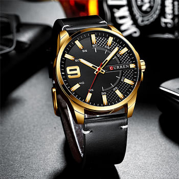 CURREN 8371 Top Brand Luxury Unique Men's Watches Quartz Leather Strap Business Wrist Watch Black/Gold