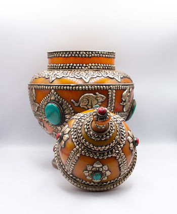 Antique Amber Pot with Silver Carving, Rubies Gemstone and Turquoise Crystal Handcrafted in Nepal